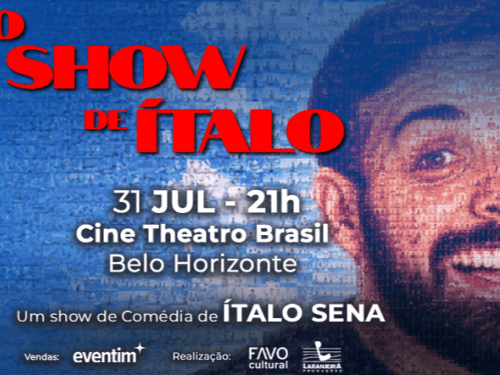 Banner promocional com fundo azul formado por um mosaico de pequenas fotos. À direita, destaca-se o rosto sorridente do humorista Ítalo Sena. No topo esquerdo, o título "O SHOW DE ÍTALO" aparece em letras vermelhas gigantes. O texto central anuncia que o show de comédia acontecerá no dia 31 de julho, às 21h, no Cine Theatro Brasil, em Belo Horizonte. O rodapé traz os logotipos da Eventim, Favo Cultural e Laranjeira Produções, e o canto superior direito exibe o selo de classificação indicativa de 14 anos.
