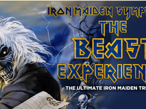 Cartaz do evento "Iron Maiden Symphonic - The Beast Experience". Do lado esquerdo, destaca-se o mascote Eddie com longos cabelos brancos e expressão agressiva, regendo com uma partitura que traz o número "666". Do lado direito, em letras estilizadas amarelas e azuis, destaca-se o título principal, acompanhado da frase em branco: "The Ultimate Iron Maiden Tribute".