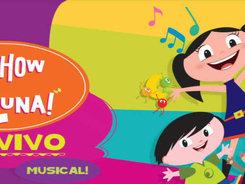 Cartaz infantil colorido. Do lado direito, estão os personagens Luna, Júpiter e o furão Cláudio sorridentes, cercados por notas musicais e pequenos elementos lúdicos. Do lado esquerdo, sobre um fundo roxo, destaca-se um logotipo oval laranja com o título "O SHOW DA LUNA! AO VIVO" em letras brancas e verdes, acompanhado da palavra "MUSICAL!" logo abaixo.