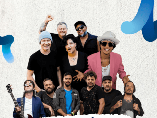 Cartaz do evento "Inverno Beagá - Gastronomia • Vinhos • Música". No centro, há uma foto coletiva com os artistas que se apresentarão. Na parte inferior, sobre um fundo branco, estão listadas as atrações: Tianastácia, Jhonny Mattos, Coverplay, Balão Vermelho e DJ Junio Assisi. O fundo geral é claro com detalhes abstratos em tons de azul nas laterais.