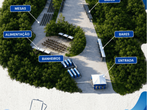 Mapa ilustrado em perspectiva aérea do evento "Inverno Beagá", cercado por árvores verdes. Balões informativos azuis apontam para os setores: Entrada, Banheiros, Alimentação, Mesas, Área Kids, Palco e Bares. Na parte inferior, há o desenho de uma mão segurando ingressos e o texto: "GARANTA SEU INGRESSO GRATUITO LIMITADO | invernobeaga.com.br". Fundo claro com detalhes abstratos azuis.