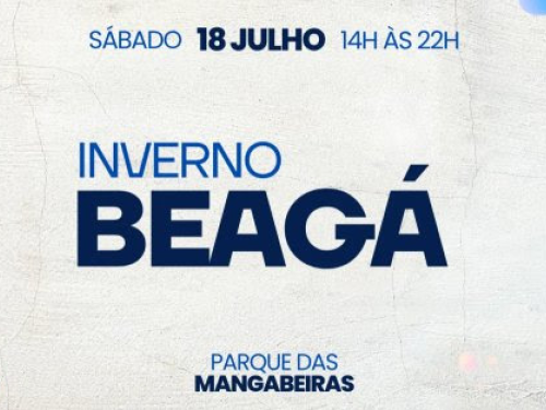 Cartaz com fundo texturizado claro, imitando uma parede de concreto ou papel antigo. Nas bordas laterais, há formas fluidas e abstratas em tons de azul escuro e azul claro. No centro, o texto principal diz em letras maiúsculas e em tons de azul: "INVERNO BEAGÁ". No topo do cartaz está escrito "SÁBADO 18 JULHO | 14H ÀS 22H". Na parte inferior central, lê-se "PARQUE DAS MANGABEIRAS".