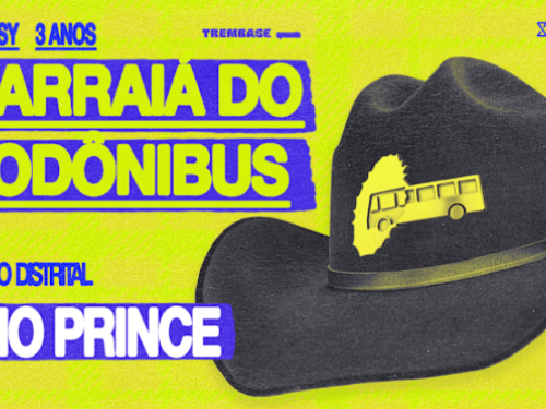 Cartaz de festa com fundo amarelo vibrante texturizado. No lado esquerdo, em letras roxas e verdes, lê-se: "BH BUSSY 3 ANOS", "TREMBASE apresenta", "O ARRAIÁ DO PODÔNIBUS", "11.07 - 22H" e "MERCADO DISTRITAL". Abaixo, em um destaque roxo, está escrito "CAIO PRINCE" em branco. No lado direito, há um chapéu de cowboy preto estilizado com o logo de um ônibus amarelo. No canto superior direito, o logo da "SHOTGUN".