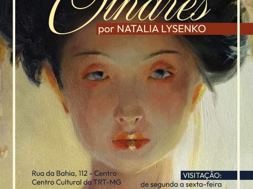 O cartaz divulga a exposição de arte "Entre Olhares", da artista Natalia Lysenko. O plano de fundo apresenta a pintura expressionista do rosto de uma mulher com traços orientais, olhar expressivo e lábios destacados. Na parte inferior, o cartaz informa de forma direta os detalhes do evento: a exposição acontece no Centro Cultural do TRT-MG (Rua da Bahia, 112 - Centro), com o período de visitação de 10 de junho a 07 de outubro, de segunda a sexta-feira, das 9h às 17h. A abertura está marcada para o dia 10 d