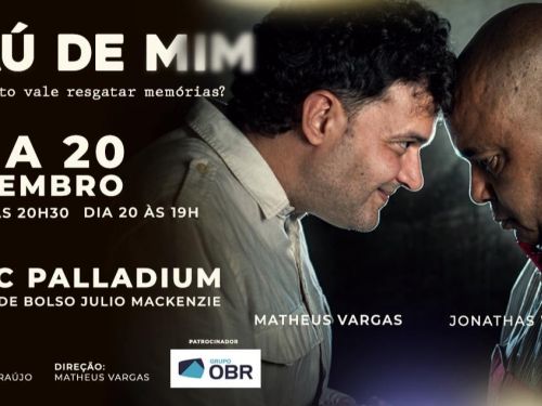 Foto de capa do espetáculo "Baú de Mim", com foto dos atores Matheus Vargas e Jonathas Wagner e informações como data, horário e local do evento