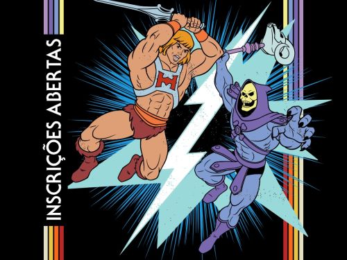 Cartaz em fundo preto com estilo retrô dos anos 80 anunciando uma corrida temática. No centro, cercados por uma moldura de linhas coloridas, o herói He-Man (com sua espada) e o vilão Esqueleto (com seu cajado) aparecem ilustrados em posição de combate sobre um fundo de raio azul e branco. O texto informa que o evento ocorrerá no dia 23 de agosto na Praça Nova, Pampulha (BH), com a mensagem "Inscrições Abertas" e o site para cadastro: tbhesportes.com.br.