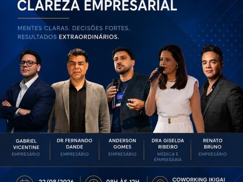 Foto de capa para divulgação do evento " Circuito de Alta Performance e Clareza Empresarial", contendo fotos dos 5 palestrantes, data e local do evento