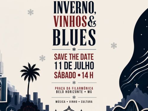 Foto de capa para o festival "Inverno, Vinhos & Blues", contendo data e local do evento 