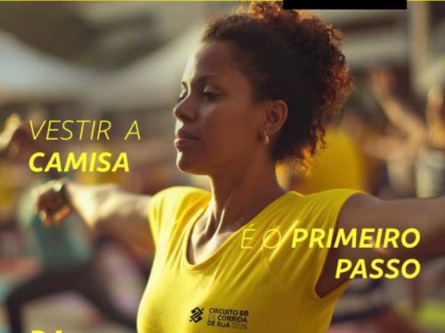 Cartaz do Circuito BB de Corrida de Rua 2026 – Etapa Belo Horizonte (02.08), com percursos de 1K, 5K e 10K. A imagem mostra uma mulher negra alongando ao ar livre vestindo a camiseta amarela do evento. Sobre a foto, a frase motivacional: "Vestir a camisa é o primeiro passo da vitória imaginada". No topo, logos e detalhes da prova.