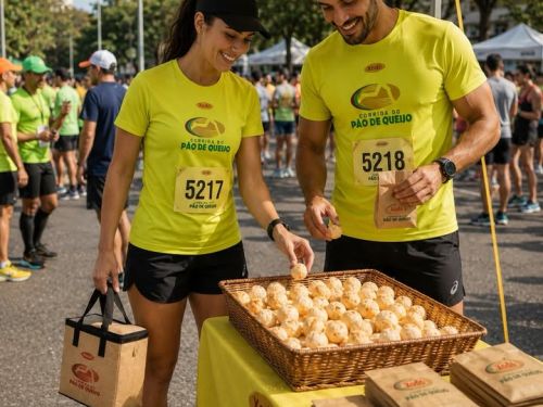Um homem e uma mulher sorridentes, vestindo camisetas esportivas amarelo-limão, estão ao redor de uma mesa servindo-se de pães de queijo direto de uma grande cesta de vime. O cenário é uma tenda amarela da "Corrida do Pão de Queijo" montada na rua, com outros corredores ao fundo.
