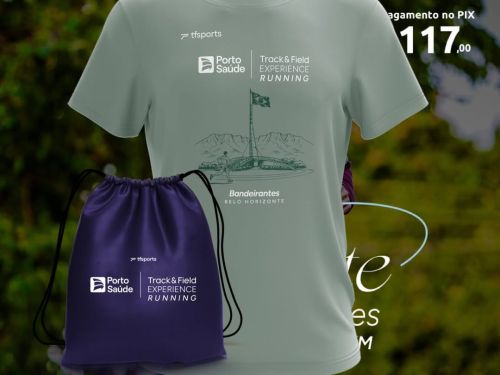 Imagem promocional focada no kit da corrida Track&Field Etapa Bandeirantes, que acontece no dia 16.08. O kit é composto por uma camiseta verde-claro com estampa da região dos Bandeirantes em Belo Horizonte e uma sacochila roxa. No canto superior direito, destaca-se o valor de R$ 117,00 no PIX pelo grupo Corridas Beagá.