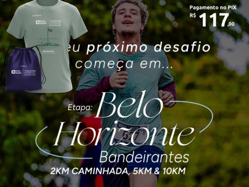 Cartaz da corrida Track&Field Etapa Belo Horizonte – Bandeirantes (16.08), com modalidades de 2km, 5km e 10km. A imagem destaca um jovem correndo, o kit do evento (camiseta verde e sacochila roxa) e o valor de R$ 117,00 no PIX.