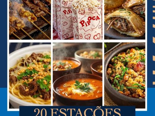 Foto de comida que haverá no evento: pipoca, macarrão, caldo, feijão tropeiro e outros 