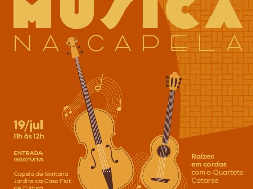 Foto de capa da "Música na capela" com fundo em tons de laranja, ilustração de dois instrumentos musicais, contendo dia e horário do evento 
