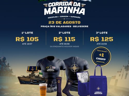 Cartaz da "Corrida da Marinha", que acontece em 23 de agosto na Praça Íris Valadares (Belvedere). O banner azul-escuro destaca os lotes de inscrição: 1º lote por R$ 105 (até 16/07), 2º lote por R$ 115 (até 05/08) e 3º lote por R$ 125 (até 22/08). Ao centro, exibe o kit do atleta com camiseta azul-marinho, meias, bolsa térmica, medalha em formato de navio e copo de chopp. Inscrições pelo site www.tbhesportes.com.br.