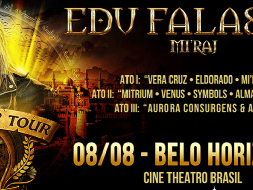 Banner horizontal do arquivo com estética mística e dourada sobre fundo escuro. À esquerda, o cantor Edu Falaschi aparece cantando ao microfone, sob uma aura amarela e símbolos antigos. Ao centro e à direita, o texto em letras douradas anuncia a turnê "The Legacy Tour - 35 Years", dividida em três atos com repertório de sua carreira (Vera Cruz, Angra, Mitrium, entre outros), destacando o show em Belo Horizonte no dia 08/08, no Cine Theatro Brasil.