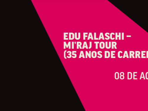 Banner horizontal do arquivo dividido em formas geométricas de cores preta e magenta. Centralizado à direita, o texto em letras brancas destaca: "EDU FALASCHI – MI'RAJ TOUR (35 ANOS DE CARREIRA)" e, logo abaixo, a data "08 DE AGOSTO".