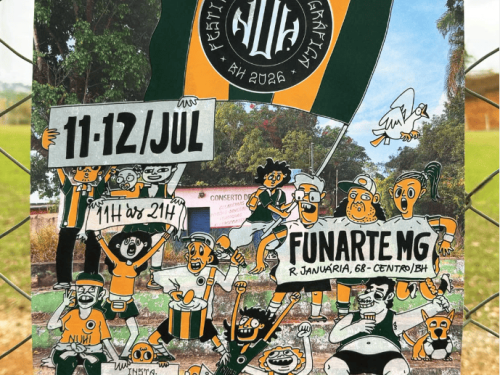 Cartaz com ilustrações em estilo de história em quadrinhos, nas cores verde, amarelo, branco e preto. A imagem simula uma arquibancada repleta de torcedores ou manifestantes animados, acompanhados por cães e aves. No topo, uma grande bandeira listrada traz o logotipo redondo do "Festival de Arte Gráfica - BH 2026". Os personagens seguram faixas que anunciam o evento: "11-12/JUL", "11h às 21h" e o local "FUNARTE MG - R. Januária, 68 - Centro/BH
