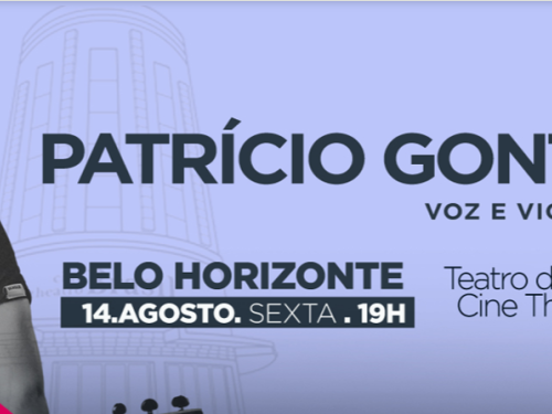 Banner promocional com fundo roxo-claro. À esquerda, foto em preto e branco do cantor Patrício Gontijo, sorrindo e vestindo camiseta preta. Ao centro, lê-se em destaque "PATRÍCIO GONTIJO - VOZ E VIOLÃO". Na parte inferior, as informações do show: "BELO HORIZONTE | 14.AGOSTO. SEXTA . 19H | Teatro de Câmara do Cine Theatro Brasil".