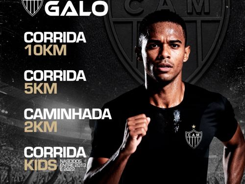 Banner com imagens de um corredor com camisa preta. Fundo em preto e branco com imagens de arquibancada e escudo do Atlético Mineiro. Nome do evento e modalidades em branco.
