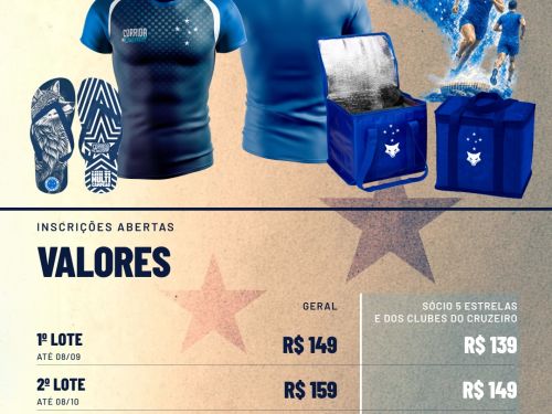 Foto do kit e do valor dos lotes para a corrida do cruzeiro 