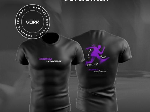 Foto da blusa oficial da corrida em preto com logo em roxo 