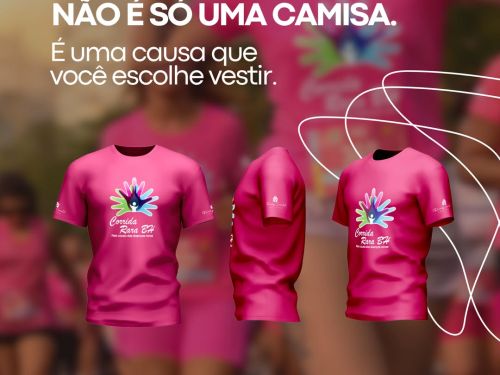 Foto da blusa oficial da corrida com a logo "corrida rara" na tonalidade rosa 