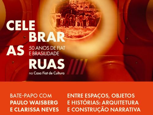 Foto de capa de divulgação para a palestra "Entre espaços, objetos e histórias: arquitetura e construção narrativa" com Paulo Waisberg e Clarissa Neves na casa fiat de cultura