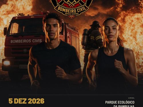 Foto de dois atletas correndo e no plano de fundo bombeiro apagando incêndio 