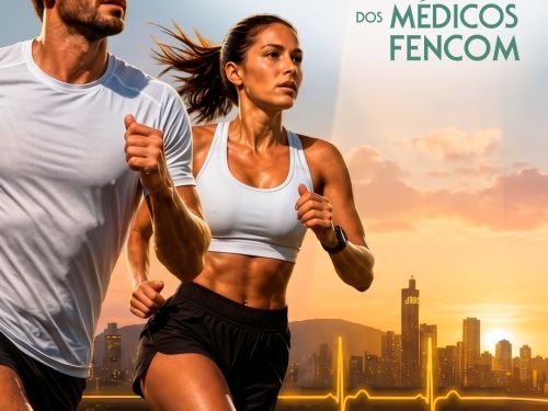 Foto de capa para a corrida dos Médicos Fencom contendo na ilustração dois atletas correndo, data e local para a corrida 