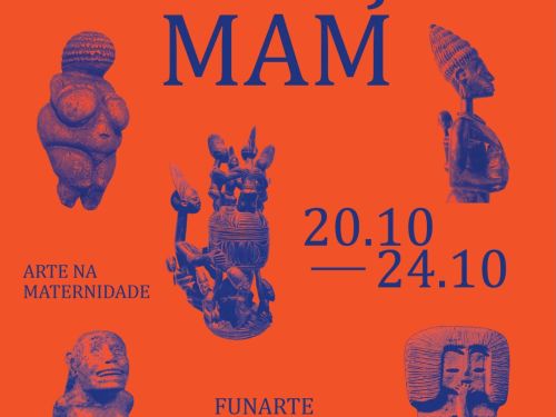 Foto de capa para a exposição "MAM" na Funarte nos dias 20 a 24 de Outubro. Plano de fundo laranja com elementos da exposição na cor azul 