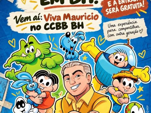 Foto de capa para a nova exposição no CCBB do Mauricio de Souza. Na foto o Mauricio e a turma da monica em forma de desenho, contendo também data e local sinalizado