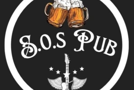 Imagem da cor preta, com copos de cerveja e uma guitarra com asas.