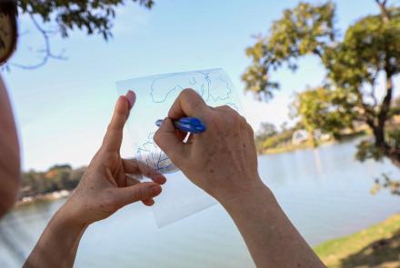 Enquanto uma mão segura uma folha transparente, a outra desenha com caneta azul. O papel está levantado para o alto, podendo ser observado a paisagem ao fundo: a lagoa da Pampulha, um pedaço gramado e arvores nas laterais da imagem 