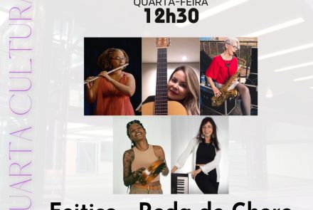 A imagem é um cartaz de divulgação do projeto Quarta Cultural, no Conservatório UFMG. O cartaz traz as fotos das integrantes do grupo.