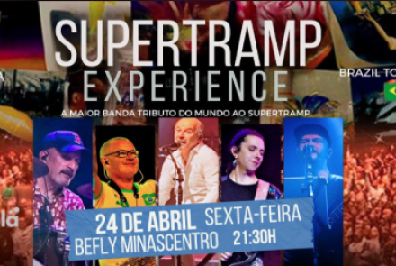 Imagem com os integrantes da banda, data, horário e local do evento