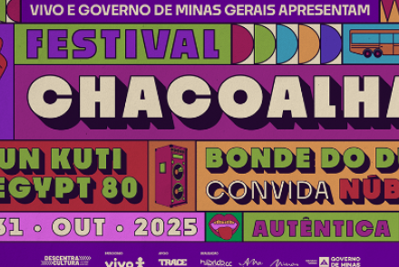 Imagem ilustrativa de um cartaz de divulgação do Festival Chacoalha, que acontecerá em 31 de outubro de 2025, na Autêntica. O cartaz tem cores vibrantes, ícones gráficos e estilo retrô.