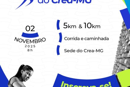 Flyer em fundo branco com imagens em preto e branco de uma corredora e do prédio do Crea-MG e recortes geométricos verdes e azuis. Texto em preto e azul: 2ª Corrida do Crea-MG, 02 de novembro de 2025 - 8 horas, 5km e 10km, corrida e caminhada, Sede do Crea-MG. Recorte geométrico azul com texto "Inscreva-se!" em verde. Logomarca do Crea-MG em azul e dourado e nome em branco.