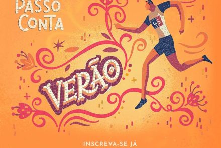 Imagem laranja com flores ao redor e um desenho de uma pessoa correndo