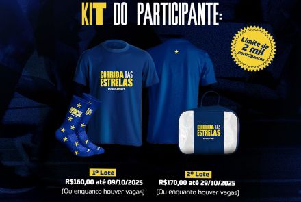 Imagem azul escuro, com o kit do participante, valor dos lotes, data e local do evento