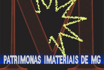 Imagem com as cores preta, laranja e azul, com o nome do evento e os artistas 