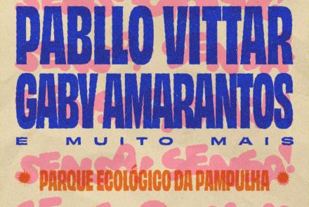 Imagem bege, com as letras de cores rosa, laranja, azul escuro e vermelho. Texto com data, local e dia do festival e duas atrações confirmadas. Pabllo Vittar e Gaby Amarantos