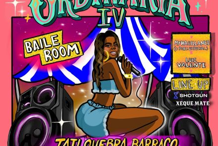 Imagem de fundo rosa, com um desenho de uma mulher dançando e caixas de som no fundo