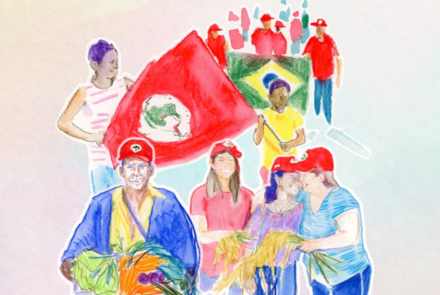 Pôster de divulgação com desenho de pessoas interagindo e a bandeira do MST e do brasil. Também contém o nome da feira Estadual da Reforma Agrária e Agricultura Familiar, com a frase: Cultivar a terra, defender o Brasil.