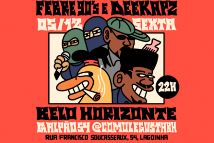 Imagem com o fundo vermelho, quatro desenhos de homens e um pato com um cigarro na boca