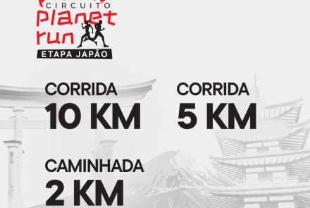 Flyer fundo cinza com desenhos japoneses no cabeçalho e logos dos patrocinadores no rodapé. Imagens de pontos turísticos do Japão. Texto em preto e vermelho: Circuito Planet Run Etapa Japão - 15 novembro - Mineirinho - Corridas 10 e 5km e Caminhada 2km