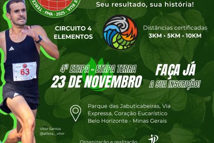 Flyer Terceiro Campeonato Mineiro de Corrida de Rua - 4ª etapa - fundo verde com foto de um corredor e informações sobre o evento em branco