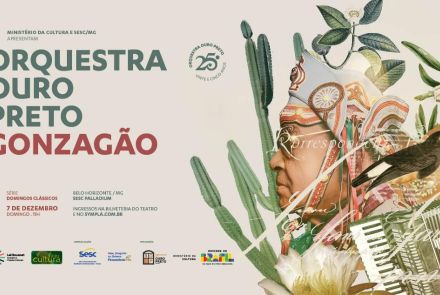 Cartaz de divulgação com ilustração do rosto de Gonzagão e cactos ao fundo compondo no fundo branco.