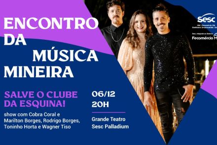 Cartaz do evento nas cores roxa e azul, ao lado direito do cartaz foto do Foto divulgação: Grupo Cobra Coral - 3 integrantes (uma mulher e dois homens) 