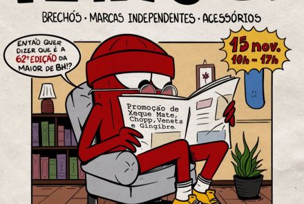 Cartaz colorido da Feira Spot, evento de brechós e marcas independentes. Mostra um personagem vermelho de gorro e óculos lendo jornal em uma poltrona. O texto informa: “15 de novembro, das 10h às 17h, Rua São Paulo, 978 – entrada gratuita”.